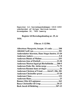 Register Til Herredagsdombog Nr. 25, År 1616. Film Nr. S 12/506