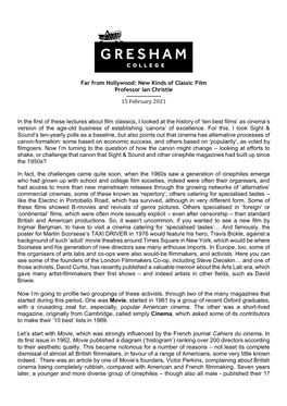 Far from Hollywood: New Kinds of Classic Film Professor Ian Christie 15 February 2021 in the First of These Lectures About Film