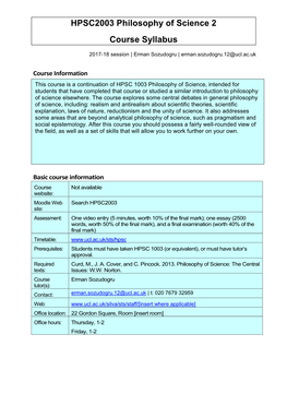 HPSC2003 Philosophy of Science 2 Course Syllabus