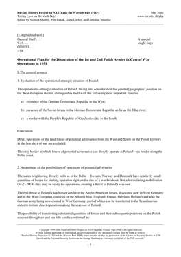 Operational Plan for the Dislocation of the 1St and 2Nd Polish Armies in Case of War Operations in 1951