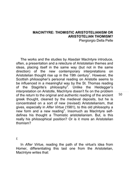 THOMISTIC ARISTOTELIANISM OR ARISTOTELIAN THOMISM? Piergiorgio Della Pelle