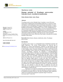 Damage Potential of Tyrophagus Putrescentiae Schrank (Acari: Acaridae) in Mushrooms