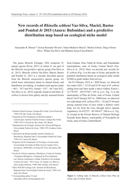 New Records of Rhinella Sebbeni Vaz-Silva, Maciel, Bastos and Pombal Jr 2015 (Anura: Bufonidae) and a Predictive Distribution Map Based on Ecological Niche Model