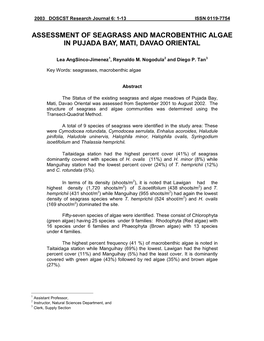 Assessment of Seagrass and Macrobenthic Algae in Pujada Bay, Mati, Davao Oriental