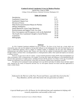 Combat Evolved: Lanchester's Laws in Modern Warfare Jacob Choi, Class of 2009 College of Arts and Sciences, American University, Washington, D.C
