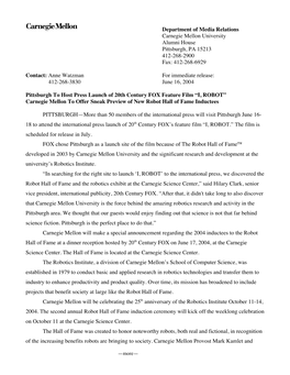 Department of Media Relations Carnegie Mellon University Alumni House Pittsburgh, PA 15213 412-268-2900 Fax: 412-268-6929