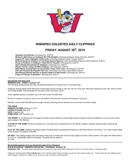 Winnipeg Goldeyes Daily Clippings Friday, August 30