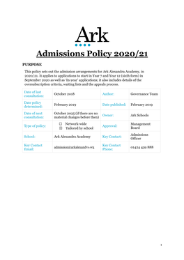 Admissions Policy 2020/21