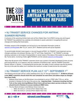 Nj Transit Service Changes for Amtrak Summer Repairs