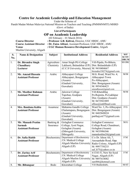 List of Participants OP on Academic Leadership (02 February – 01 March 2016) Course Director : Professor A.R