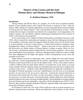 Masters of the Cosmos and the Soul: Thomas Berry and Thomas Merton in Dialogue