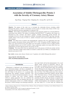 Association of Soluble Fibrinogen-Like Protein 2 with the Severity of Coronary Artery Disease