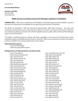 MLBA Announces Endorsements for Michigan Legislative Candidates
