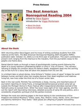 Press Release for the Best American Nonrequired Reading 2004 Edited