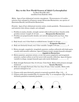 Key to the New World Genera of Adult Cyclocephalini by Brett Ratcliffe 2007 (Modified from Endrödi 1985)