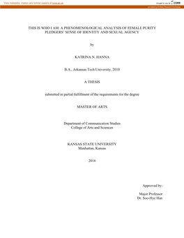 A PHENOMENOLOGICAL ANALYSIS of FEMALE PURITY PLEDGERS' SENSE of IDENTITY and SEXUAL AGENCY by KATRINA N. HA