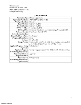 Clinical Review Hyon Kwon, Pharmd, MPH Snda 208751/S-010 and S-011 Fiasp (Insulin Aspart)