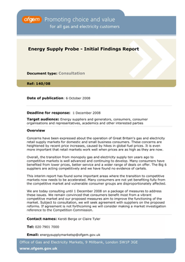 Energy Supply Probe - Initial Findings Report