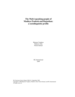 The Malvi-Speaking People of Madhya Pradesh and Rajasthan: a Sociolinguistic Profile