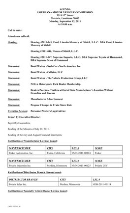 AGENDA LOUISIANA MOTOR VEHICLE COMMISSION 3519 12Th Street Metairie, Louisiana 70002 Monday, September 12, 2011 at 10:00 A.M