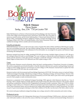 Robin W. Kimmerer Plenary Speaker Sunday, June, 25Th 7:30 Pm Location TBA