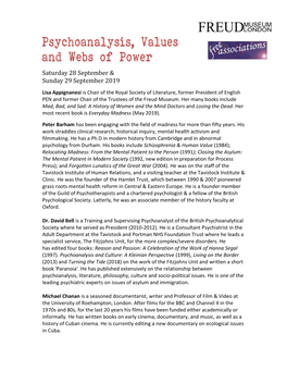 Psychoanalysis, Values and Webs of Power Saturday 28 September & Sunday 29 September 2019