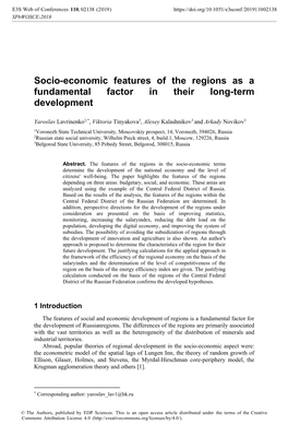 Socio-Economic Features of the Regions As a Fundamental Factor in Their Long-Term Development