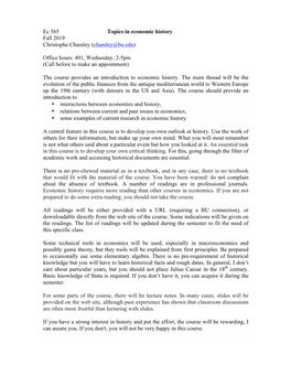 Ec 565 Topics in Economic History Fall 2019 Christophe Chamley (Chamley@Bu.Edu)