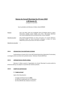 Séance Du Conseil Municipal Du 25 Mars 2019 À 20 Heures 15 Convoqué Le 15 Mars 2019