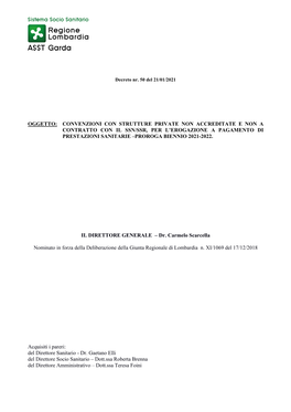 Convenzioni Con Strutture Private Non Accreditate E Non a Contratto Con Il Ssn/Ssr, Per L’Erogazione a Pagamento Di Prestazioni Sanitarie –Proroga Biennio 2021-2022