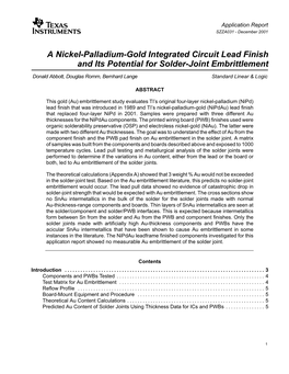 A Nickel-Palladium-Gold Integrated Circuit Lead Finish and Its Potential for Solder-Joint Embrittlement