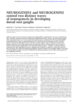 NEUROGENIN1 and NEUROGENIN2 Control Two Distinct Waves of Neurogenesis in Developing Dorsal Root Ganglia