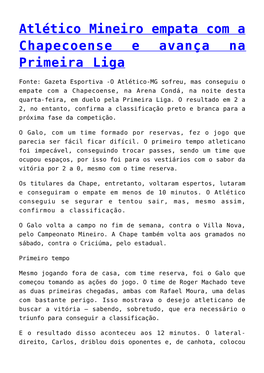 Atlético Mineiro Empata Com a Chapecoense E Avança Na Primeira Liga