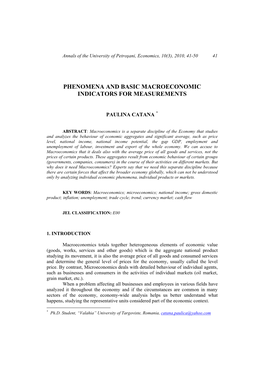 Phenomena and Basic Macroeconomic Indicators for Measurements