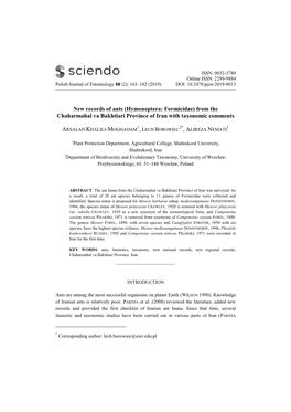 (Hymenoptera: Formicidae) from the Chaharmahal Va Bakhtiari Province of Iran with Taxonomic Comments
