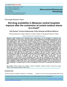 Did Drug Availability in Malawian Central Hospitals Improve After the Conversion of Central Medical Stores to a Trust?