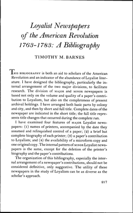 Loyalist Newspapers of the American Revolution 1763-1783: a Bibliography