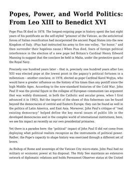 Popes, Power, and World Politics: from Leo XIII to Benedict XVI