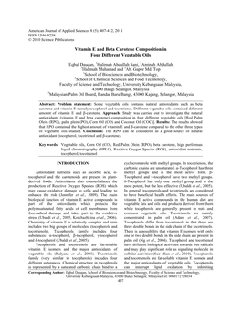 Vitamin E and Beta Carotene Composition in Four Different Vegetable Oils