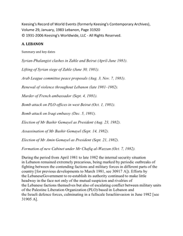 Volume 29, January, 1983 Lebanon, Page 31920 © 1931-2006 Keesing's Worldwide, LLC - All Rights Reserved