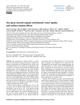 Sea Spray Aerosol Organic Enrichment, Water Uptake and Surface Tension Effects