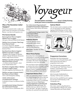 Voyageur the Anticipation Newsletter Issue 5: Friday Evening Email Your News to Newsletter@Anticipationsf.Ca