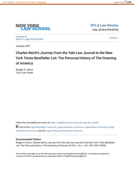 Charles Reich's Journey from the Yale Law Journal to The