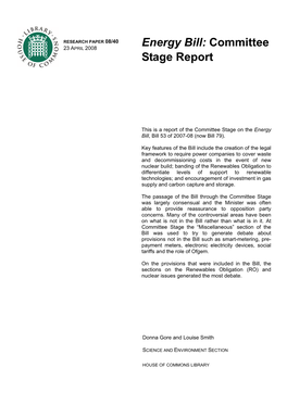 RESEARCH PAPER 08/40 Energy Bill: Committee 23 APRIL 2008 Stage Report