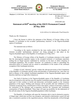 Statement at 810 Meeting of the OSCE Permanent Council 20 May 2010