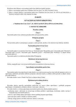 Zakon O Nacionalnim Parkovima ("Službeni List Crne Gore", Br