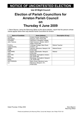 Notice of Uncontested Election