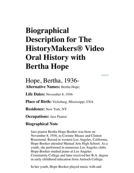 Biographical Description for the Historymakers® Video Oral History with Bertha Hope