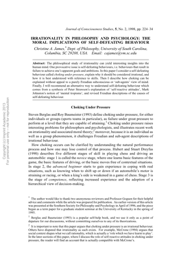 IRRATIONALITY in PHILOSOPHY and PSYCHOLOGY: the MORAL IMPLICATIONS of SELF-DEFEATING BEHAVIOUR Christine A