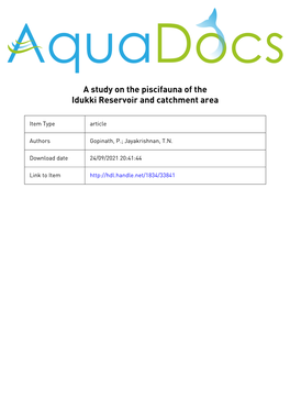 A Study on the Piscifauna of the Idukki Reservoir and Catchment Area